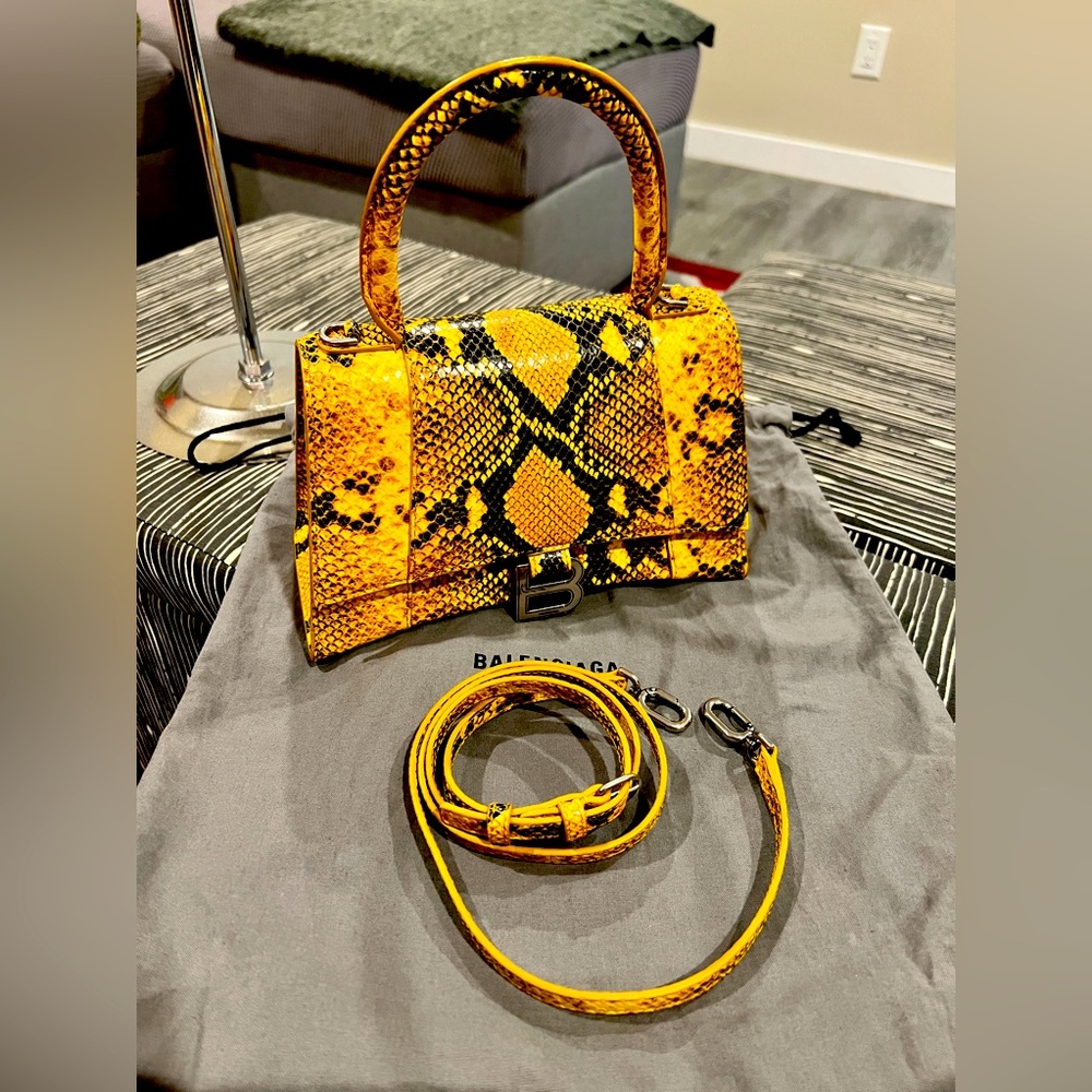 BALENCIAGA Shiny Calfskin Python Effect Small Hourglass Top Handle Bag